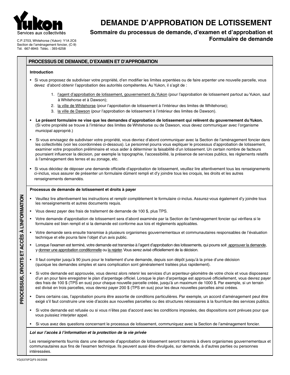 Forme YG5370 Application for Subdivision Approval - Yukon, Canada (French), Page 1