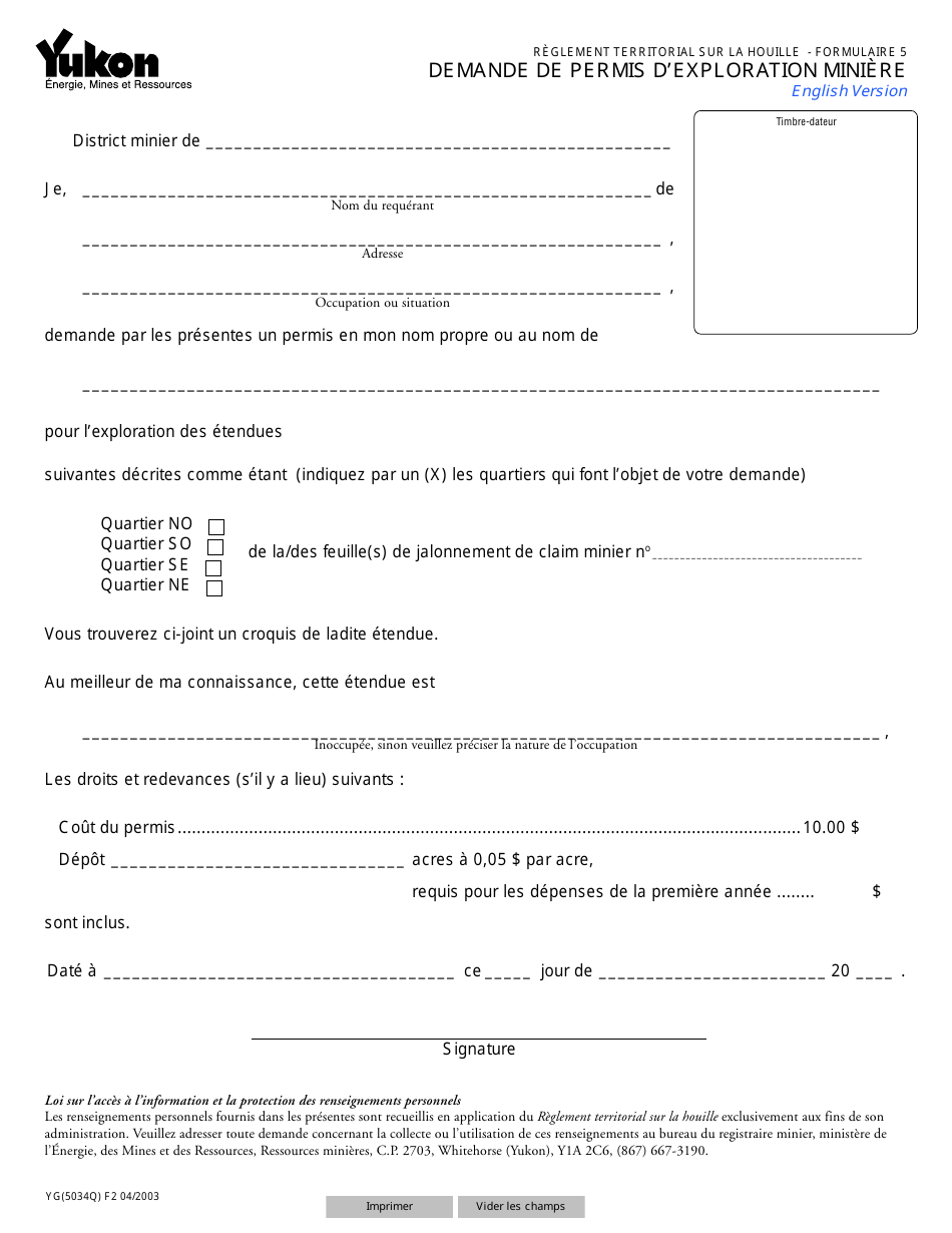 Forme 5 (YG5034) Demande De Permis Dexploration Miniere - Yukon, Canada (French), Page 1