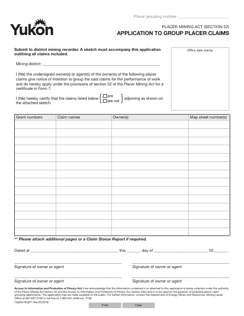Form YG5041 Application to Group Placer Claims - Yukon, Canada