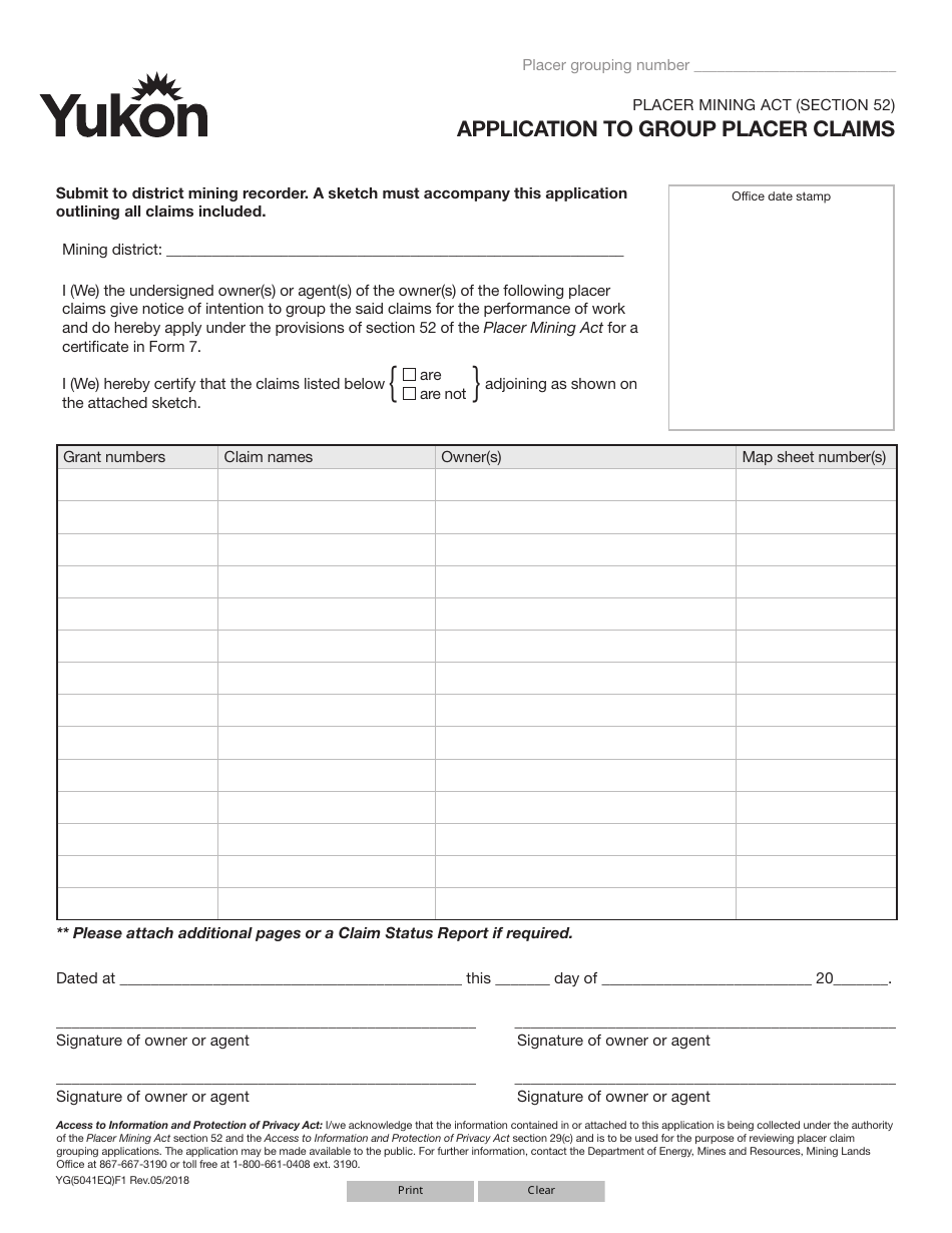 Form YG5041 Application to Group Placer Claims - Yukon, Canada, Page 1