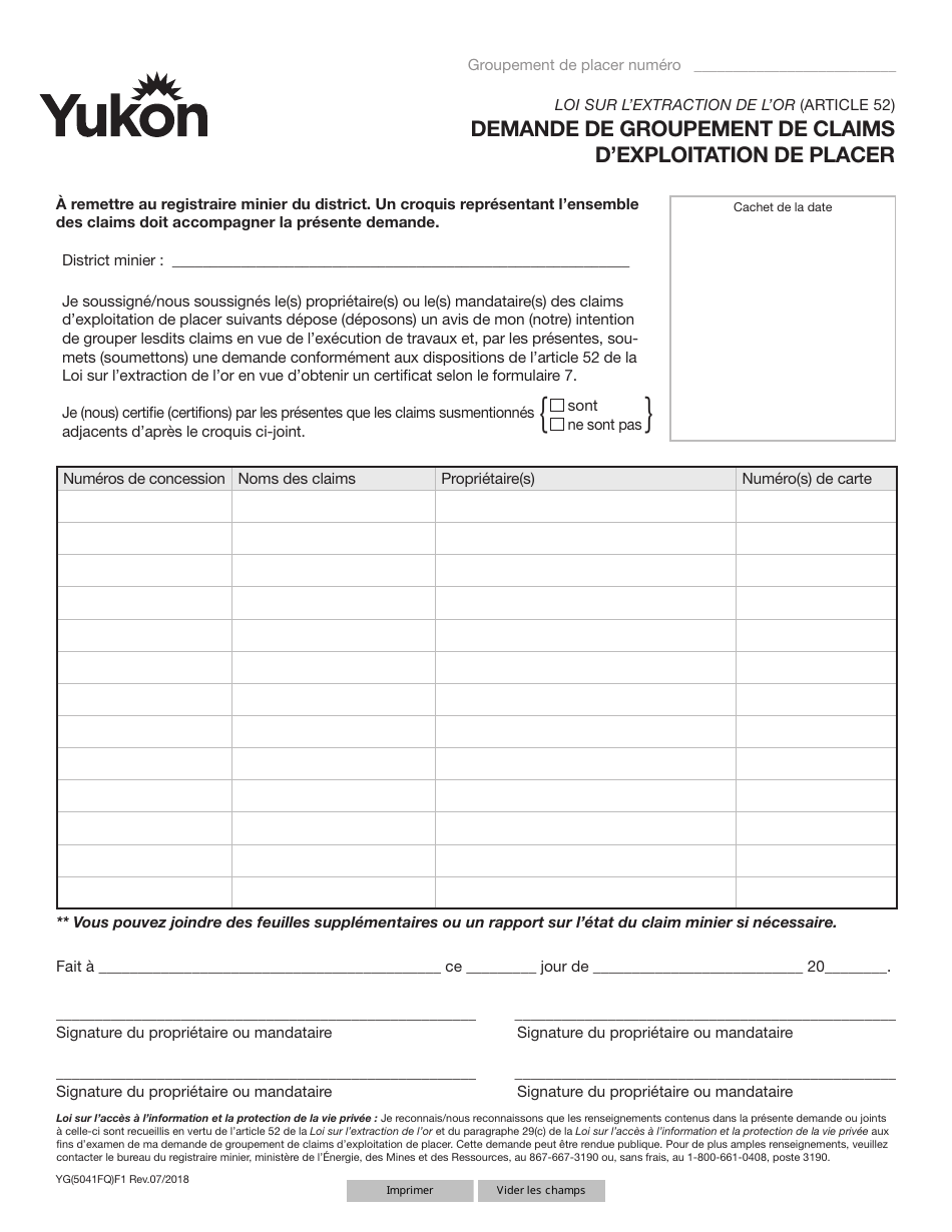 Forme YG5041 Demande De Groupement De Claims Dexploitation De Placer - Yukon, Canada (French), Page 1