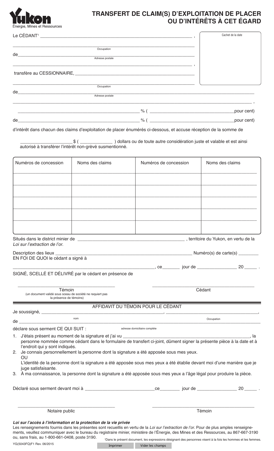 Forme YG5043 Transfert De Claim(S) Dexploitation De Placer Ou Dinterets a Cet Egard - Yukon, Canada (French), Page 1