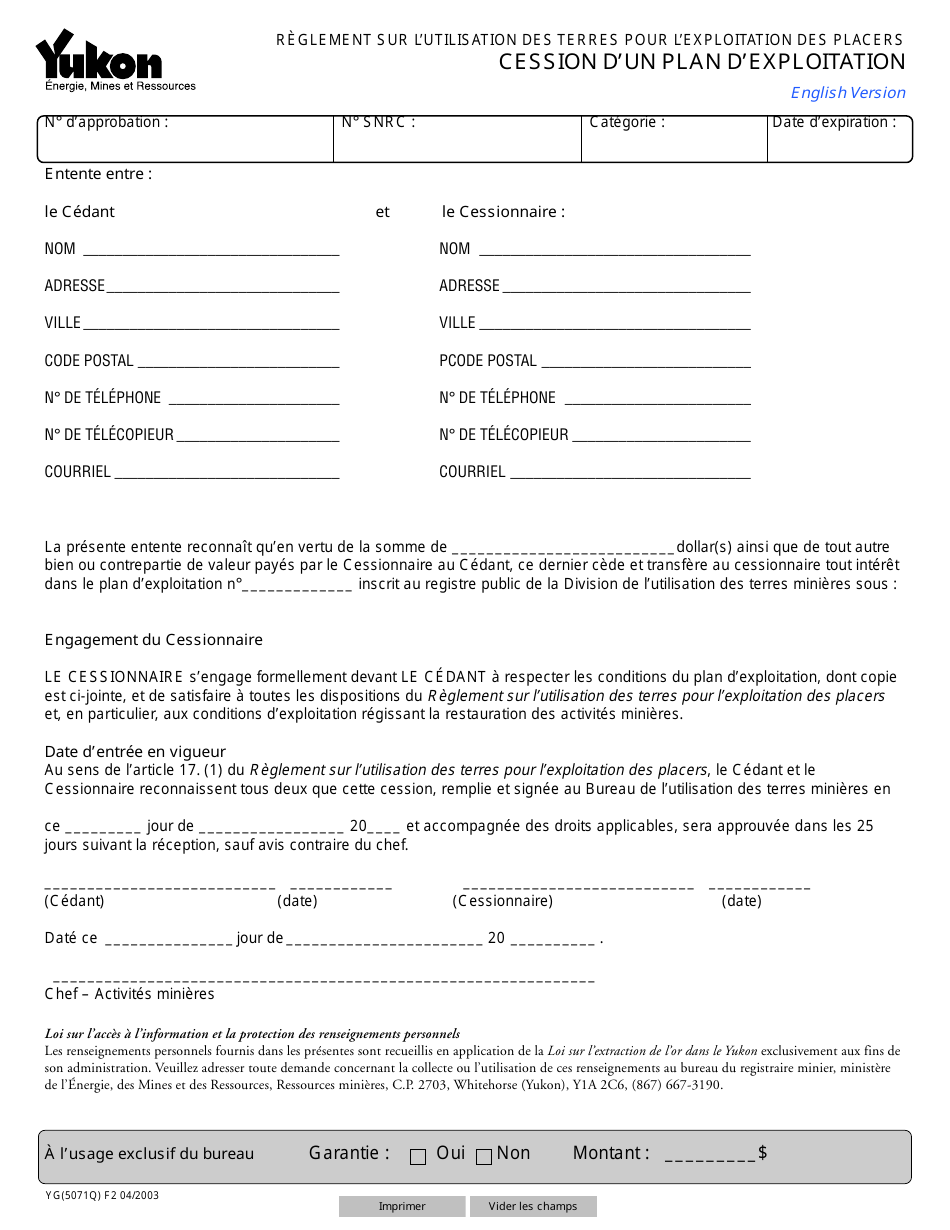Forme YG5071 R glement Sur Lutilisation DES Terres Pour Lexploitation DES Placers Cession Dun Plan Dexploitation - Yukon, Canada (French), Page 1