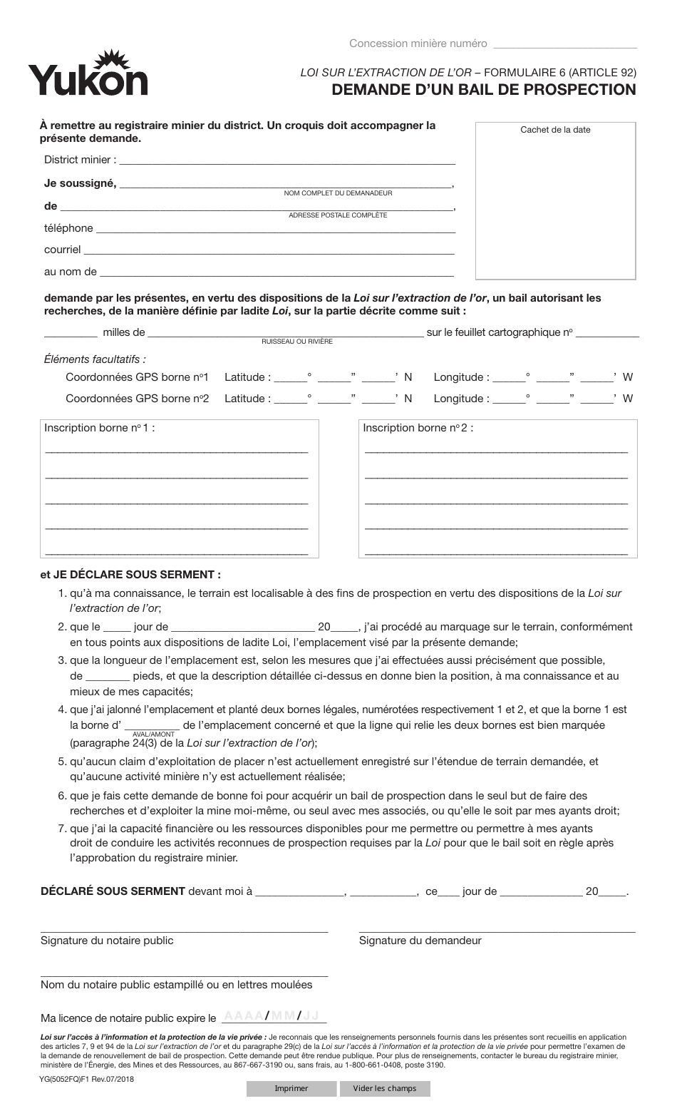 Forme YG5052 (6) Demande Dun Bail De Prospection - Yukon, Canada (French), Page 1