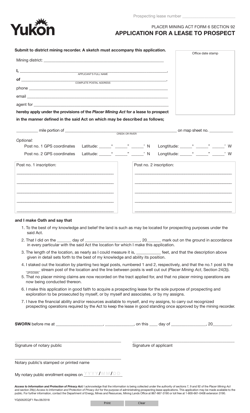 Form YG5052 Application for a Lease to Prospect - Yukon, Canada, Page 1