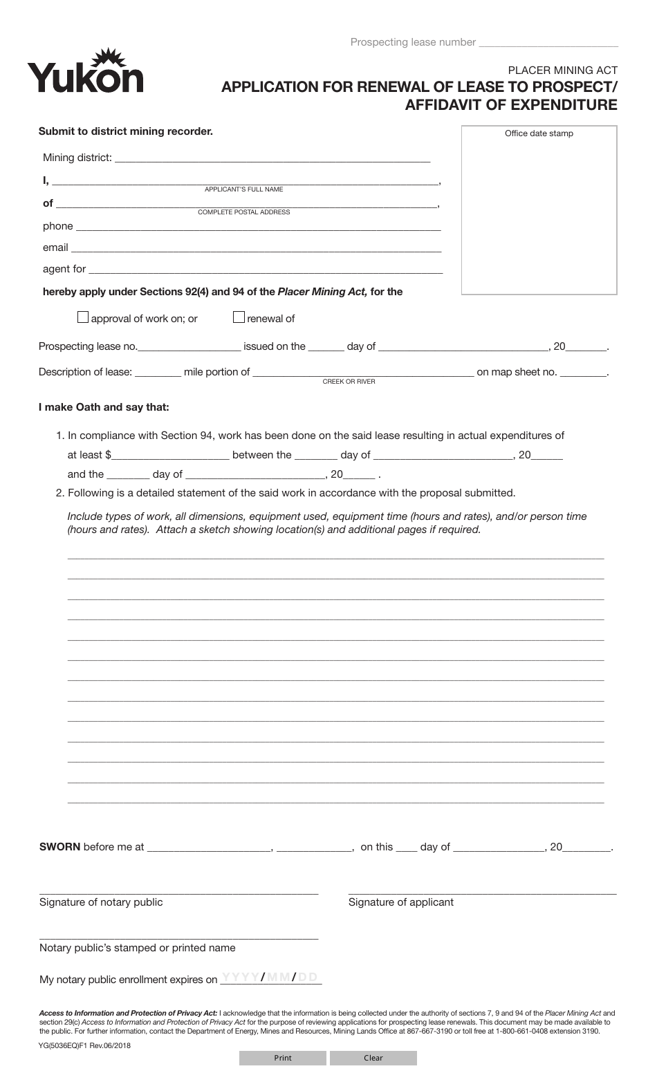 Form YG5036 Application for Renewal of Lease to Prospect / Affidavit of Expenditure - Yukon, Canada, Page 1