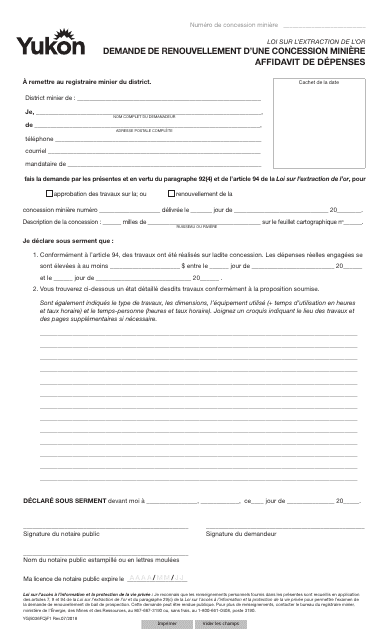 Forme YG5036 Demande De Renouvellement D'une Concession Miniere Affidavit De Depenses - Yukon, Canada (French)