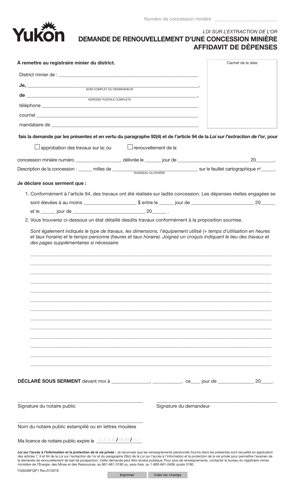 Forme YG5036 Demande De Renouvellement Dune Concession Miniere Affidavit De Depenses - Yukon, Canada (French), Page 1