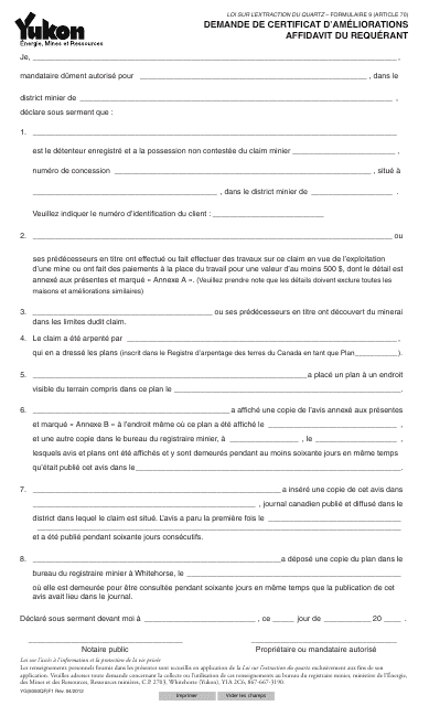 Forme 9 (YG5050) Demande De Certificat D'ameliorations Affidavit Du Requerant - Yukon, Canada (French)