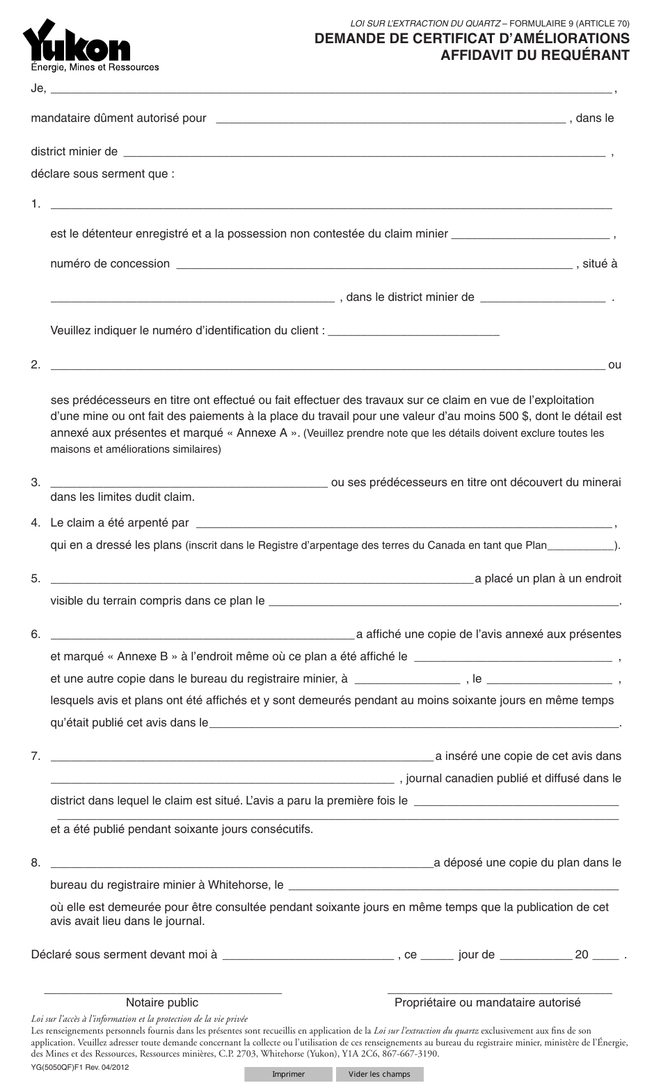 Forme 9 (YG5050) Demande De Certificat Dameliorations Affidavit Du Requerant - Yukon, Canada (French), Page 1
