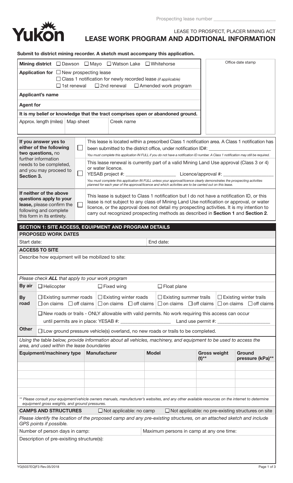 Form YG5037 Lease Work Program and Additional Information - Yukon, Canada, Page 1