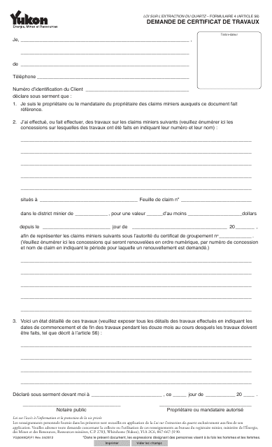 Forme 4 (YG5049) Demande De Certificat De Travaux - Yukon, Canada (French)