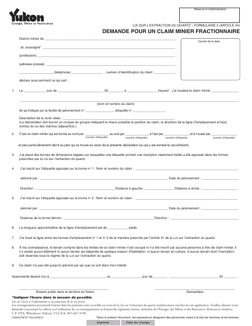Forme 2 (YG5047) Demande Pour Un Claim Minier Fractionnaire - Yukon, Canada (French)