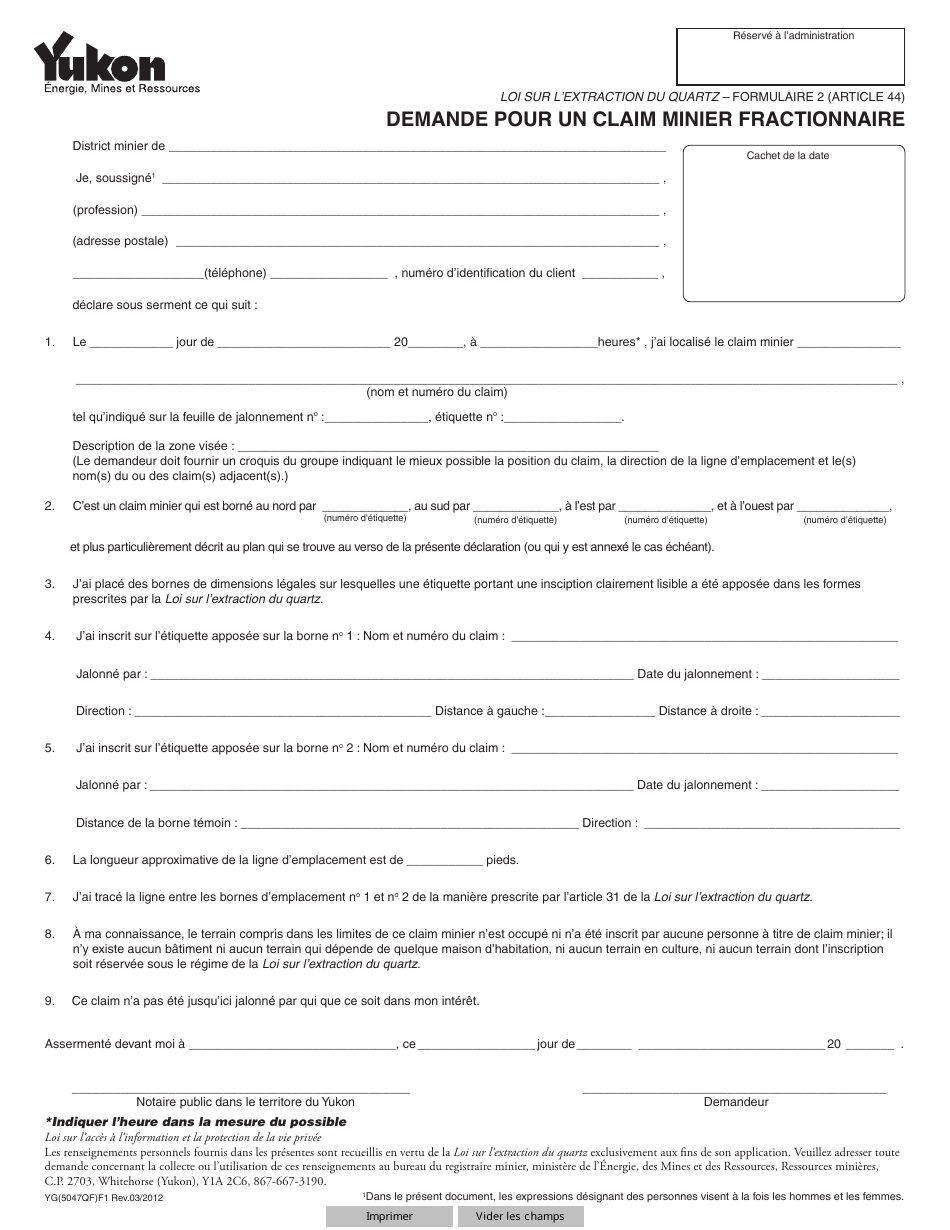 Forme 2 (YG5047) Demande Pour Un Claim Minier Fractionnaire - Yukon, Canada (French), Page 1