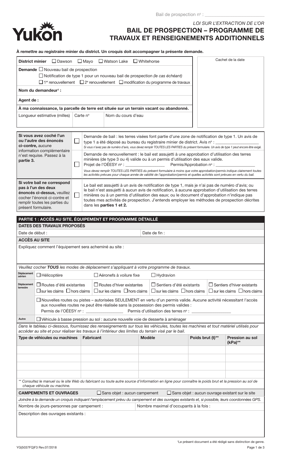 Forme YG5037 Bail De Prospection - Programme De Travaux Et Renseignements Additionnels - Yukon, Canada (French), Page 1