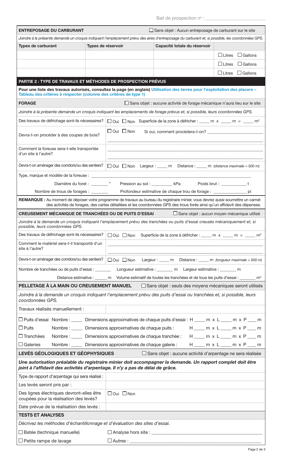 Forme YG5037 Bail De Prospection - Programme De Travaux Et Renseignements Additionnels - Yukon, Canada (French), Page 2