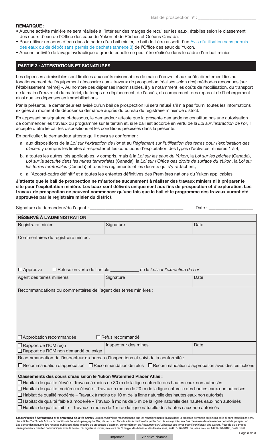 Forme YG5037 Bail De Prospection - Programme De Travaux Et Renseignements Additionnels - Yukon, Canada (French), Page 3