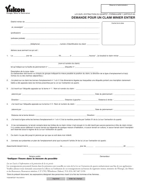 Forme 1 (YG5046) Demande Pour Un Claim Minier Entier - Yukon, Canada (French)