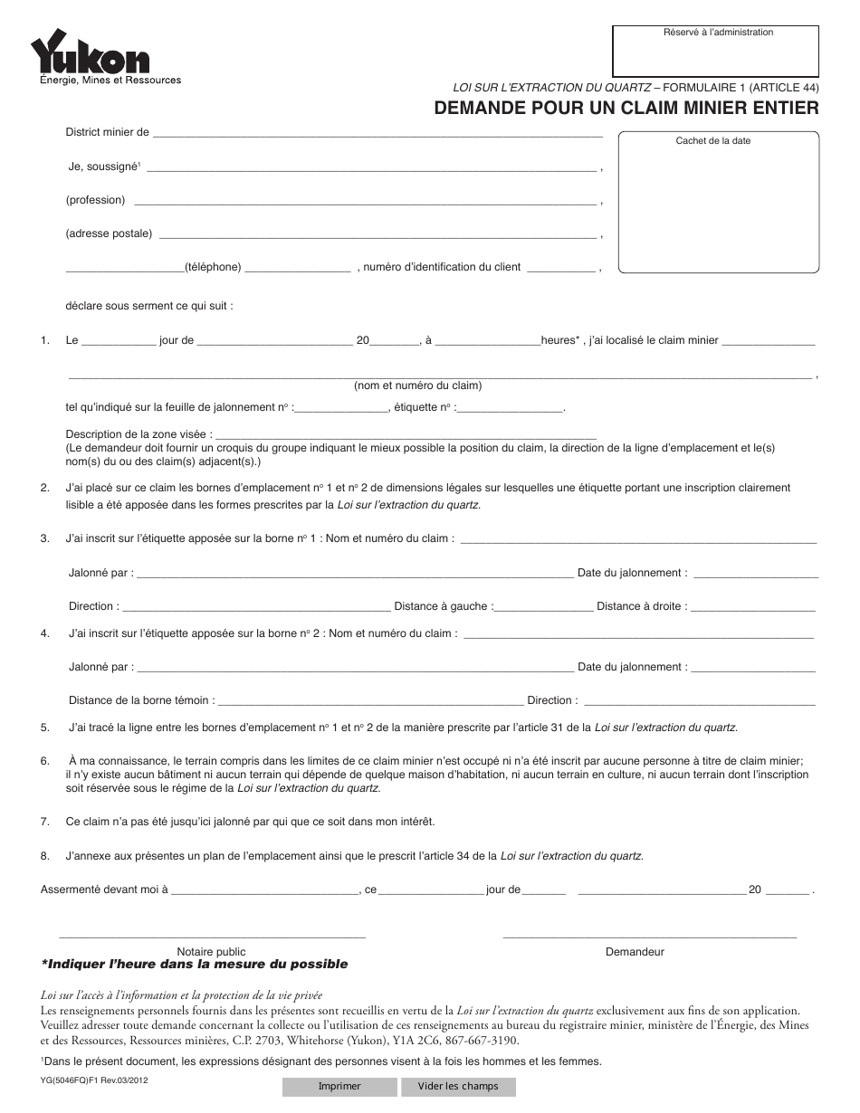 Forme 1 (YG5046) Demande Pour Un Claim Minier Entier - Yukon, Canada (French), Page 1
