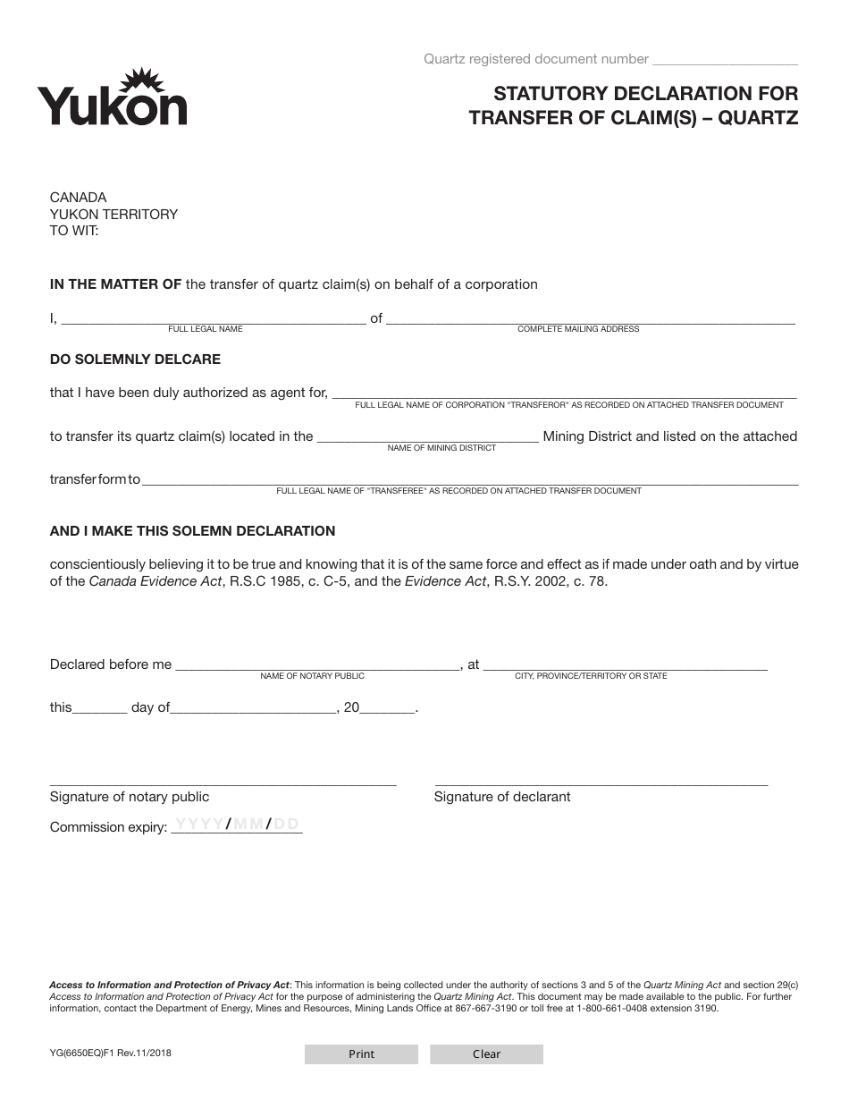 Form YG6650 Statutory Declaration for Transfer of Claim(S) - Quartz - Yukon, Canada, Page 1