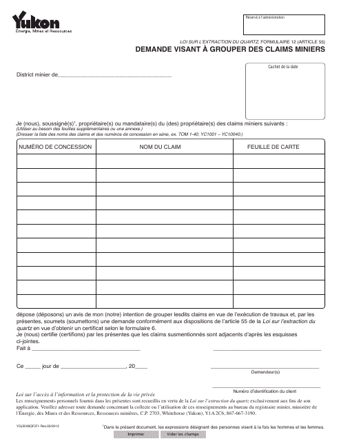 Forme 12 (YG5048) Demande Visant a Grouper DES Claims Miniers - Yukon, Canada (French)