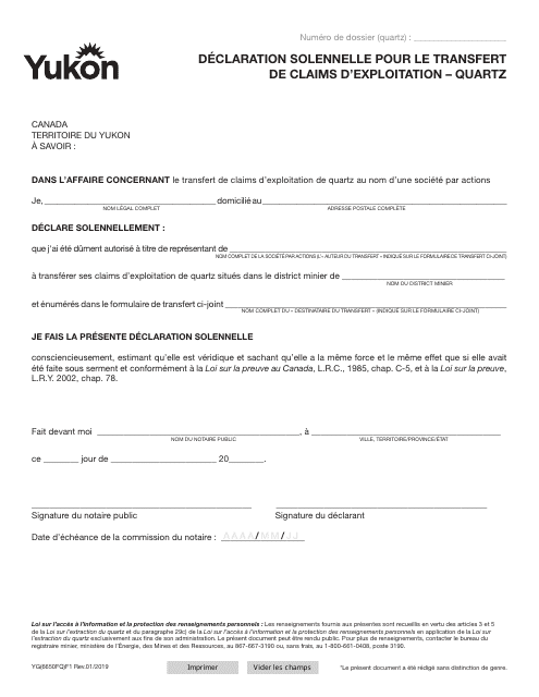 Forme YG6650 Declaration Solennelle Pour Le Transfert De Claims D'exploitation - Quartz - Yukon, Canada (French)