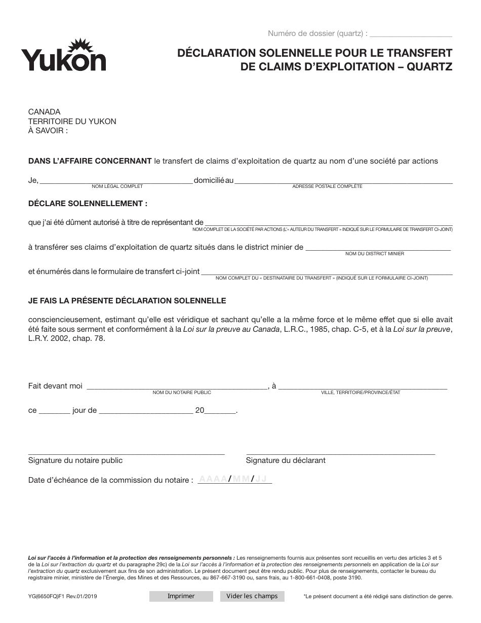 Forme YG6650 Declaration Solennelle Pour Le Transfert De Claims Dexploitation - Quartz - Yukon, Canada (French), Page 1