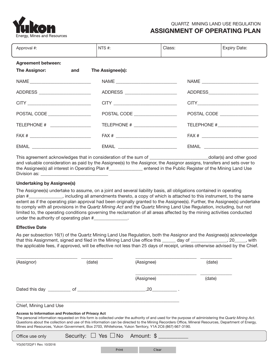 Form YG5072 Assignment of Operating Plan - Yukon, Canada, Page 1