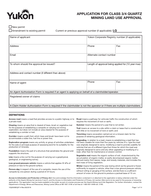 Form YG5069 Application for Class 3/4 Quartz Mining Land Use Approval - Yukon, Canada