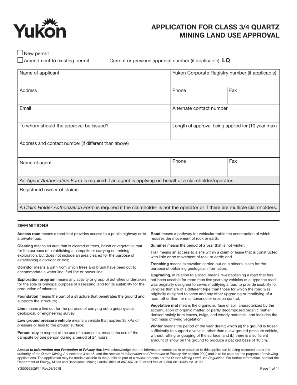 Form YG5069 Application for Class 3 / 4 Quartz Mining Land Use Approval - Yukon, Canada, Page 1