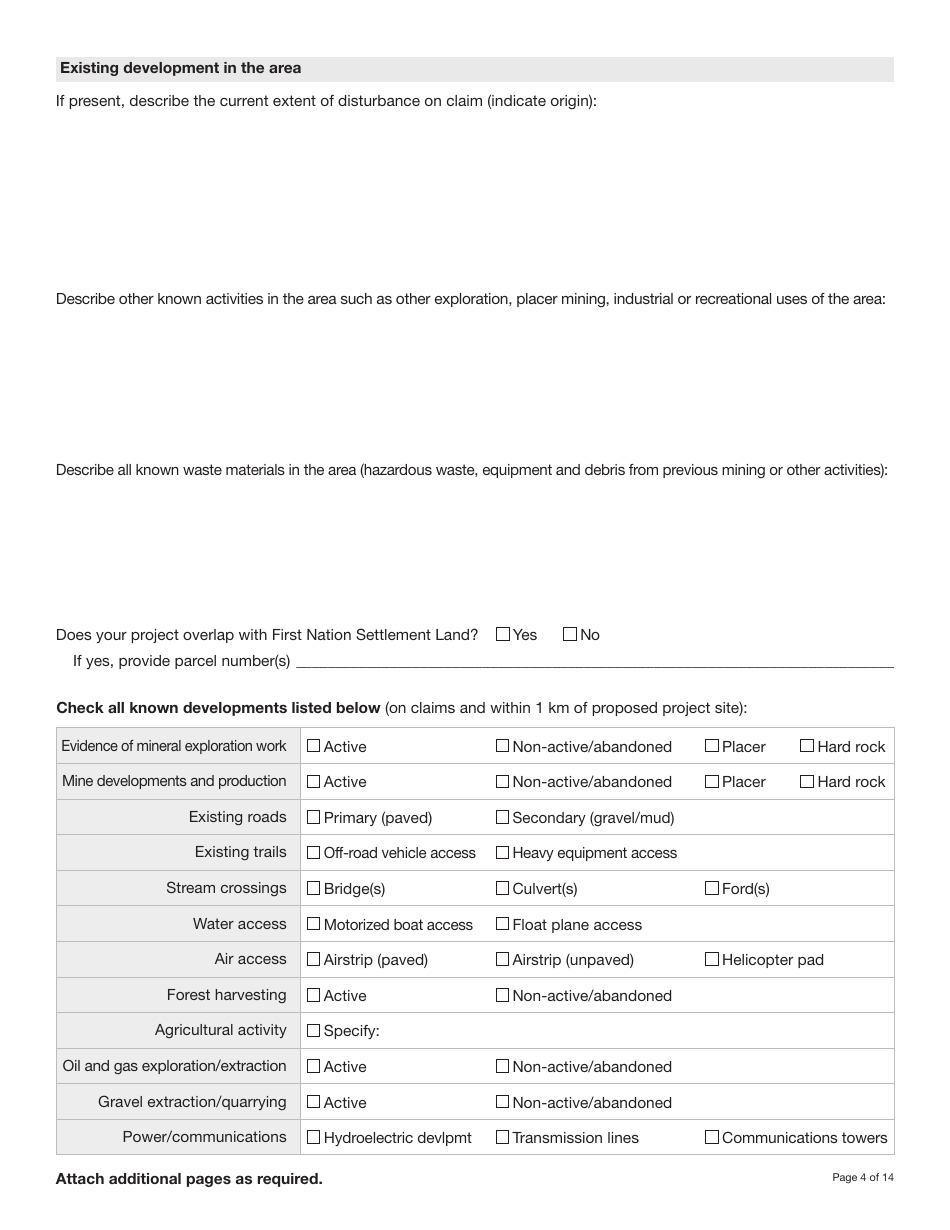 Form YG5069 Application for Class 3 / 4 Quartz Mining Land Use Approval - Yukon, Canada, Page 4