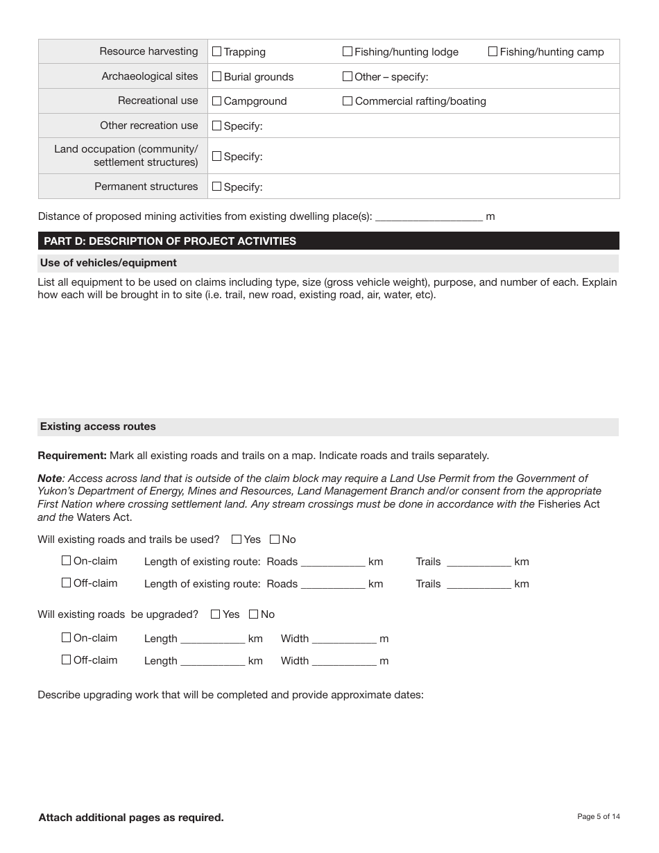 Form YG5069 Application for Class 3 / 4 Quartz Mining Land Use Approval - Yukon, Canada, Page 5