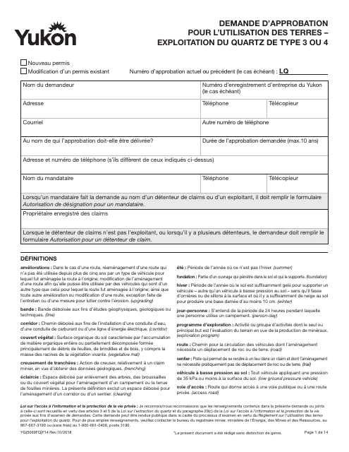 Forme YG5069 Demande D'approbation Pour L'utilisation DES Terres - Exploitation Du Quartz De Type 3 Ou 4 - Yukon, Canada (French)