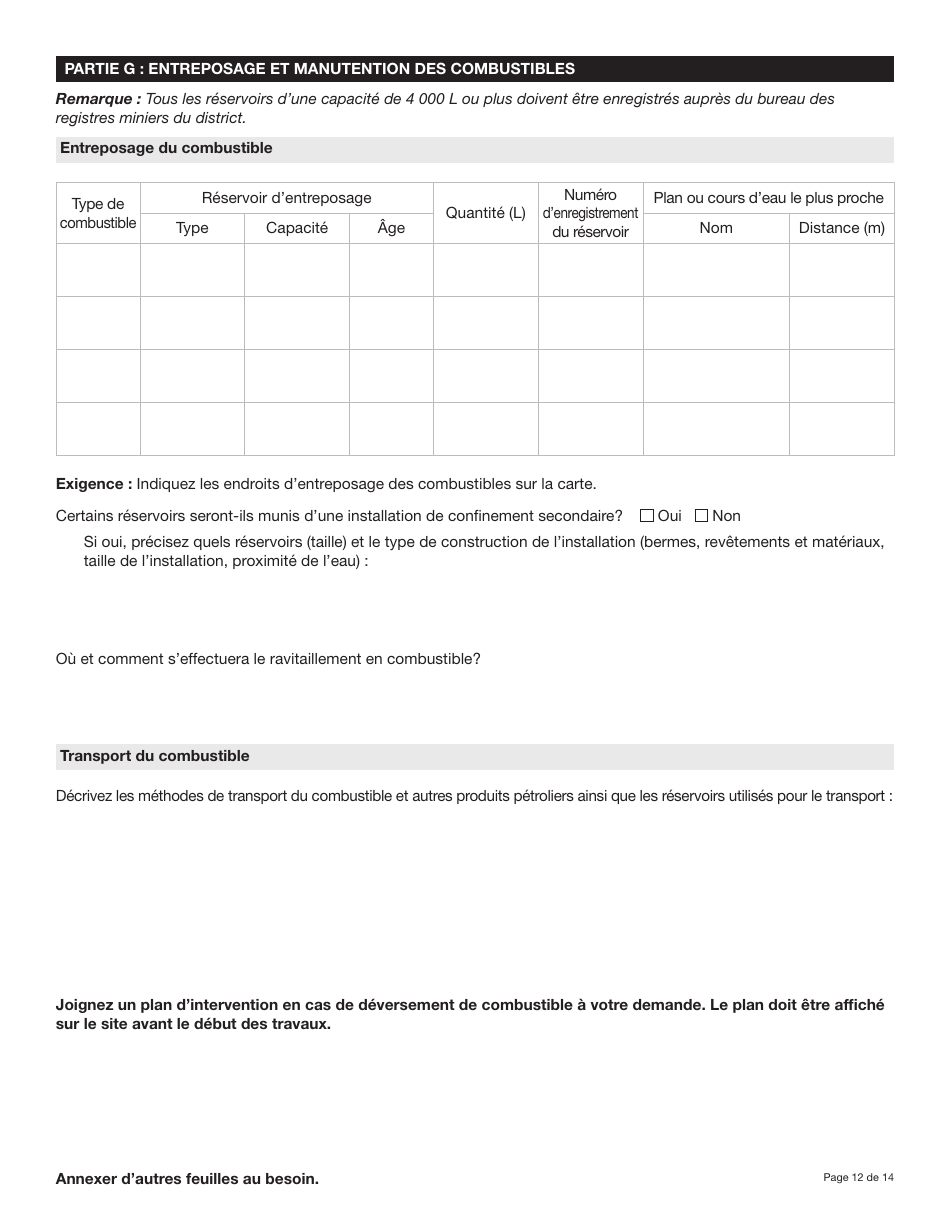 Forme YG5069 Demande Dapprobation Pour Lutilisation DES Terres - Exploitation Du Quartz De Type 3 Ou 4 - Yukon, Canada (French), Page 12