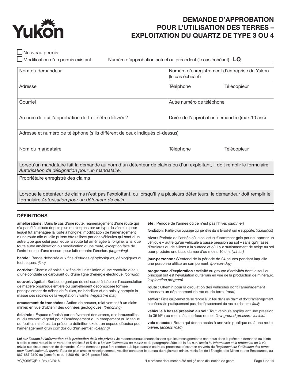 Forme YG5069 Demande Dapprobation Pour Lutilisation DES Terres - Exploitation Du Quartz De Type 3 Ou 4 - Yukon, Canada (French), Page 1