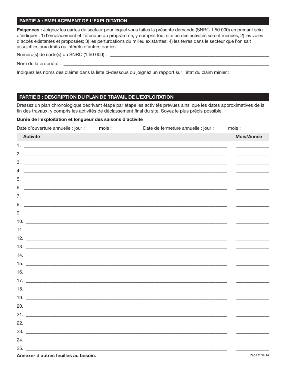 Forme YG5069 Demande Dapprobation Pour Lutilisation DES Terres - Exploitation Du Quartz De Type 3 Ou 4 - Yukon, Canada (French), Page 2