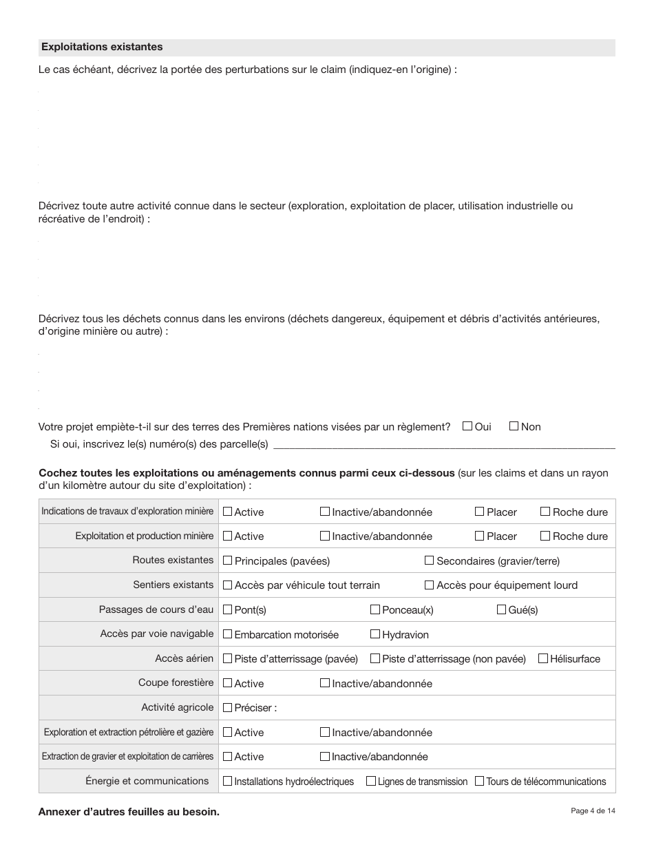 Forme YG5069 Demande Dapprobation Pour Lutilisation DES Terres - Exploitation Du Quartz De Type 3 Ou 4 - Yukon, Canada (French), Page 4
