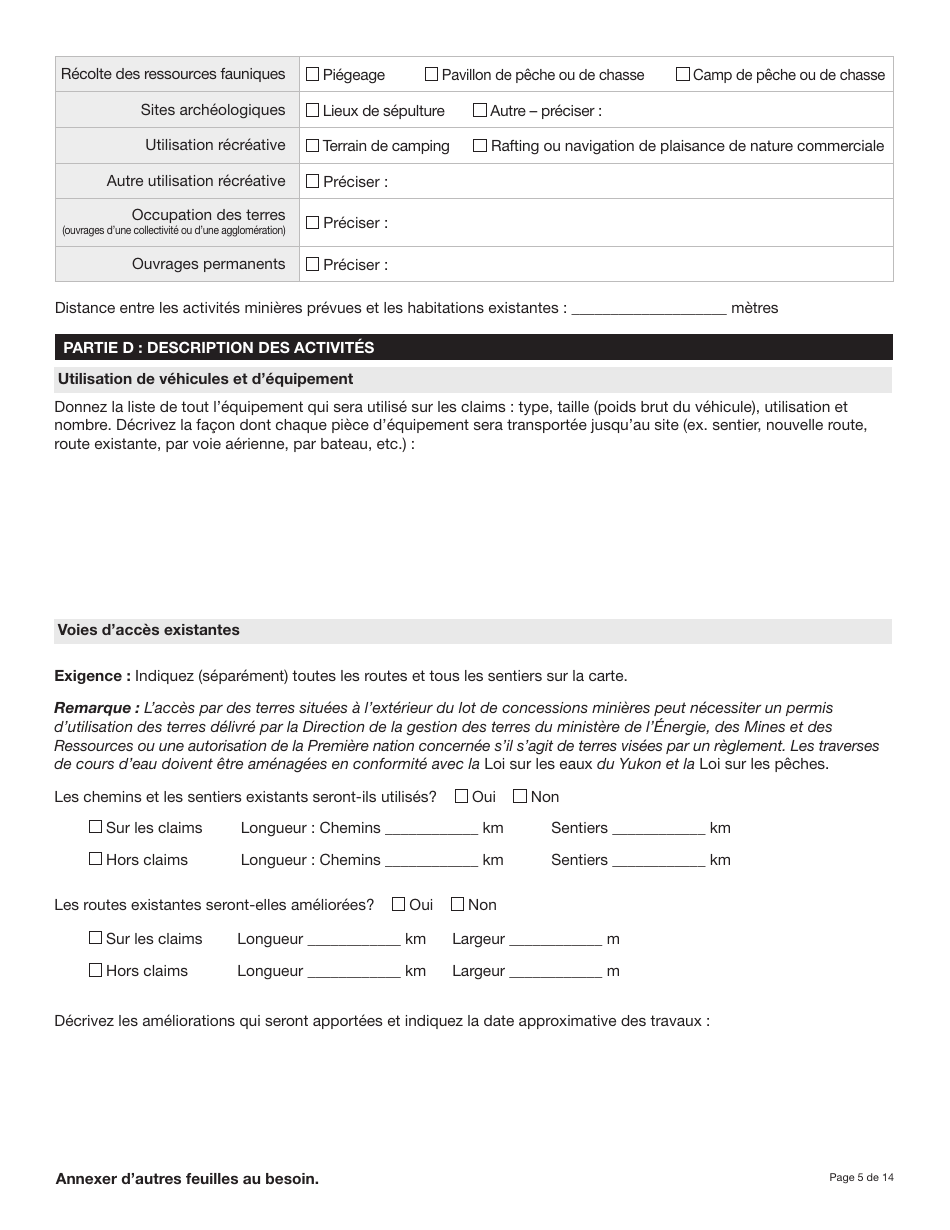 Forme YG5069 Demande Dapprobation Pour Lutilisation DES Terres - Exploitation Du Quartz De Type 3 Ou 4 - Yukon, Canada (French), Page 5