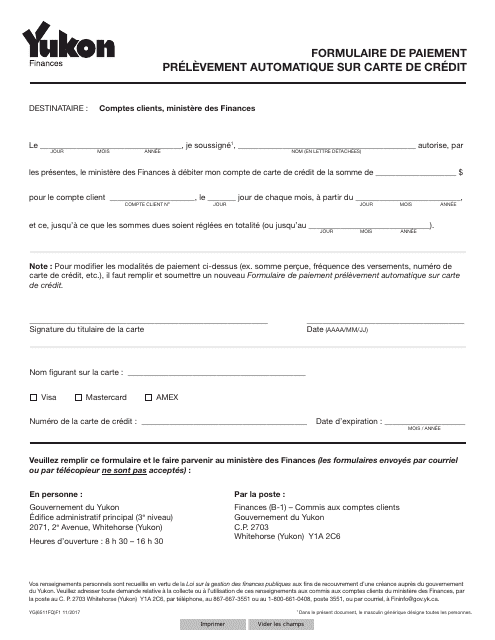 Forme YG6511 Formulaire De Paiement Prelevement Automatique Sur Carte De Credit - Yukon, Canada (French)