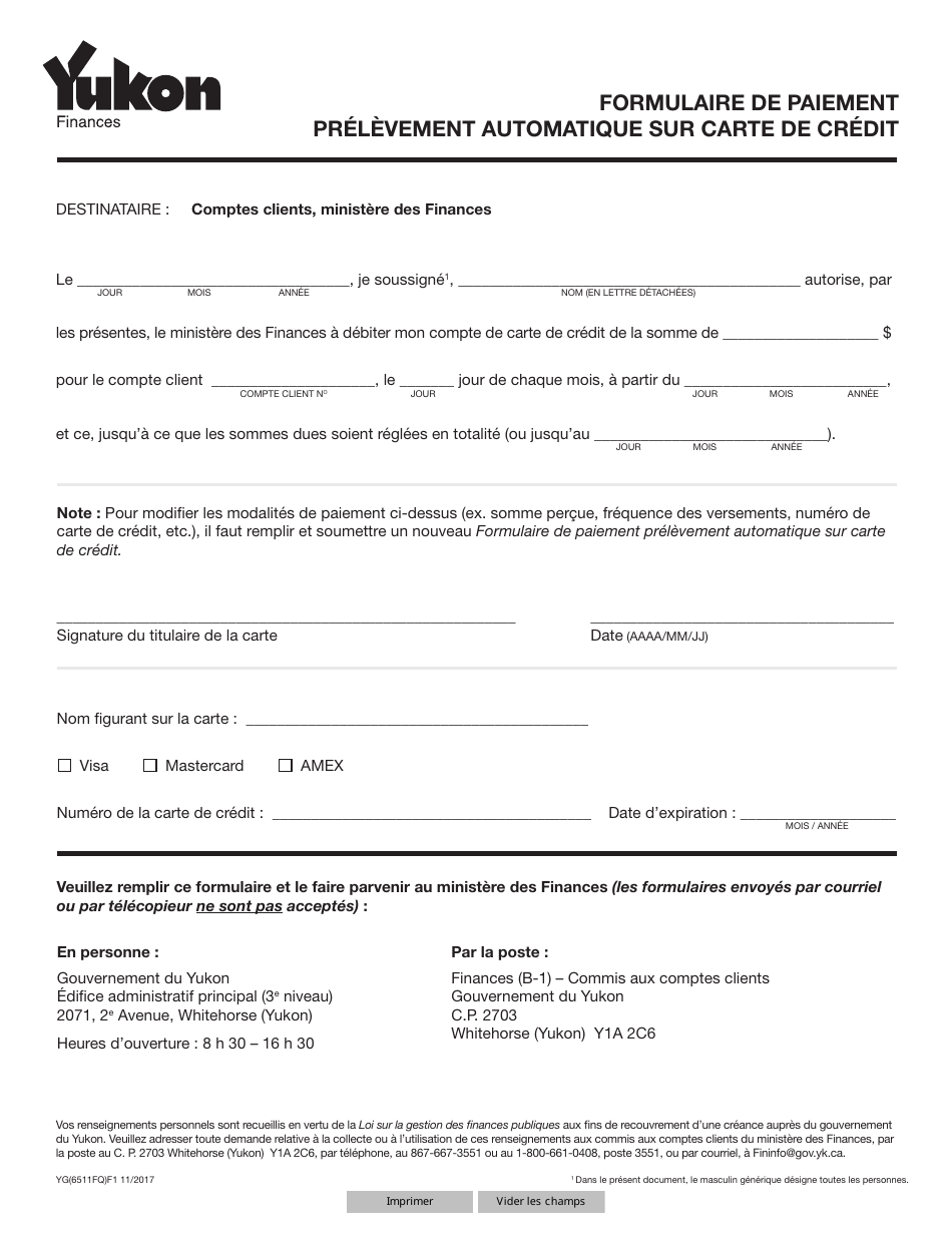 Forme YG6511 Formulaire De Paiement Prelevement Automatique Sur Carte De Credit - Yukon, Canada (French), Page 1