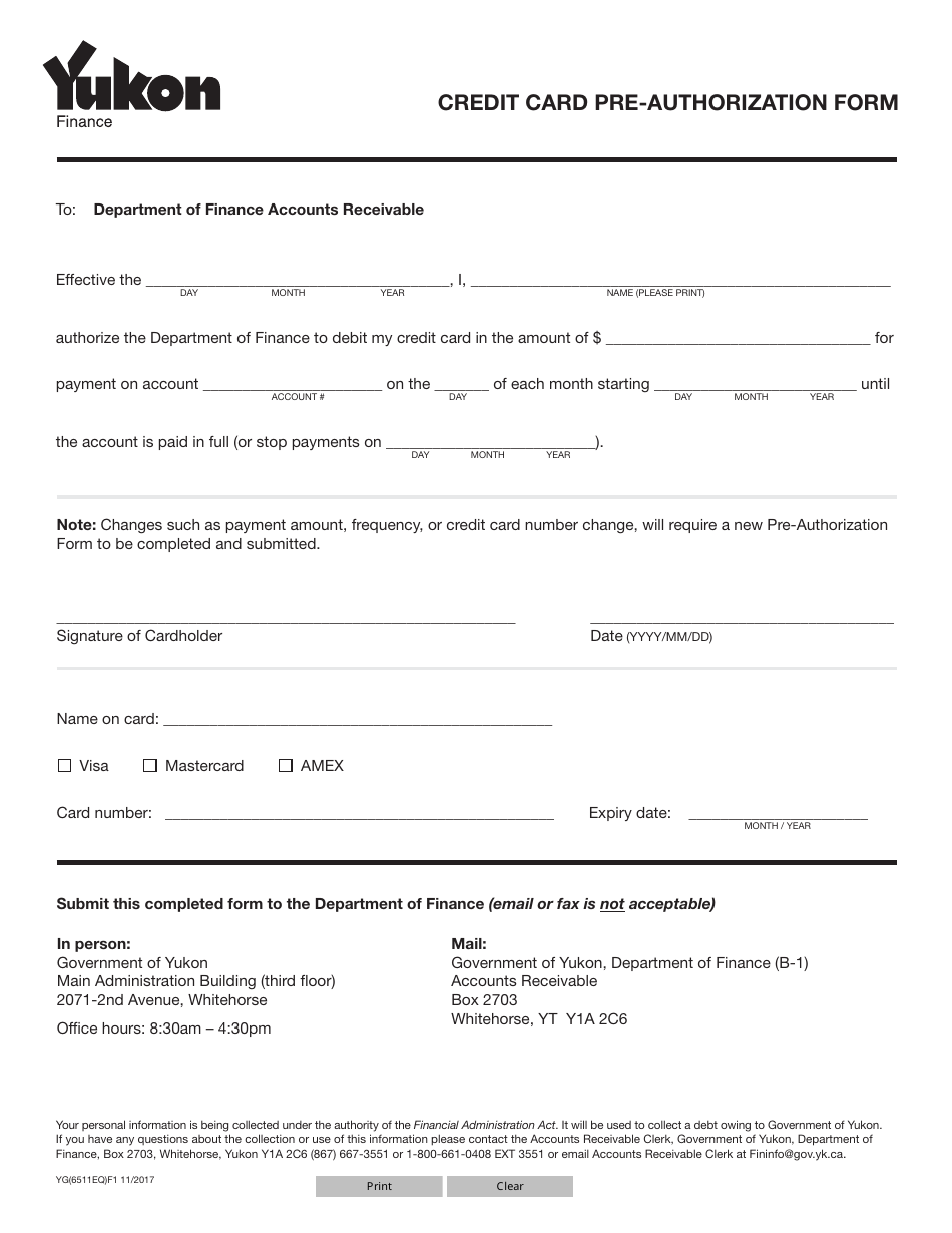 Form YG6511 Credit Card Pre-authorization Form - Yukon, Canada, Page 1