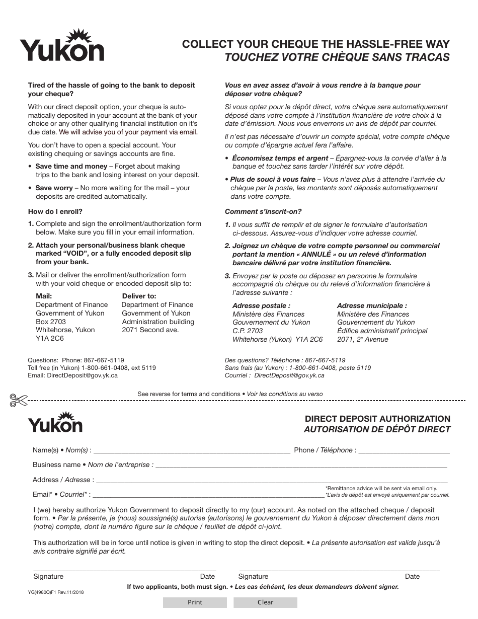 Form YG4980 Direct Deposit Authorization - Yukon, Canada (English / French), Page 1