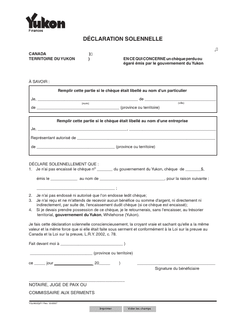 Forme YG483 Declaration Solennelle - Yukon, Canada (French)