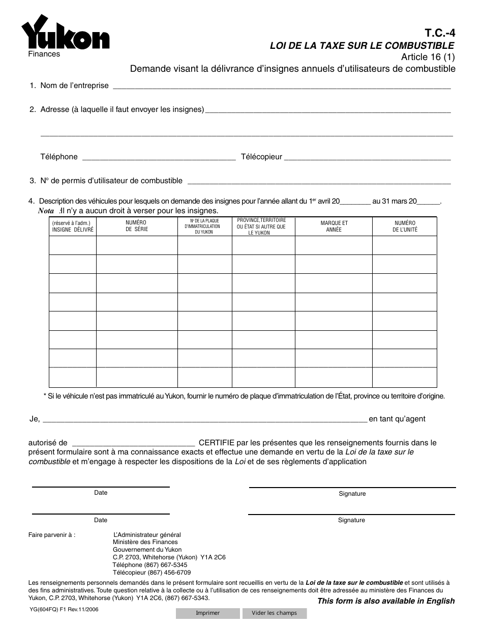 Forme YG604 Loi De La Taxe Sur Le Combustible - Demande 4 - Yukon, Canada (French), Page 1