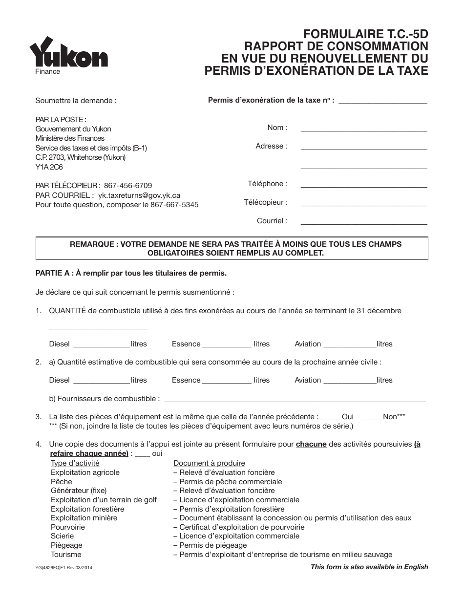 Forme YG4826 Rapport De Consommation En Vue Du Renouvellement Du Permis Dexoneration De La Taxe - Demande 5d - Yukon, Canada (French), Page 1