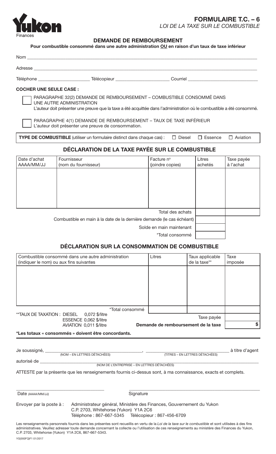 Forme YG593 Demande De Remboursement - Yukon, Canada (French), Page 1