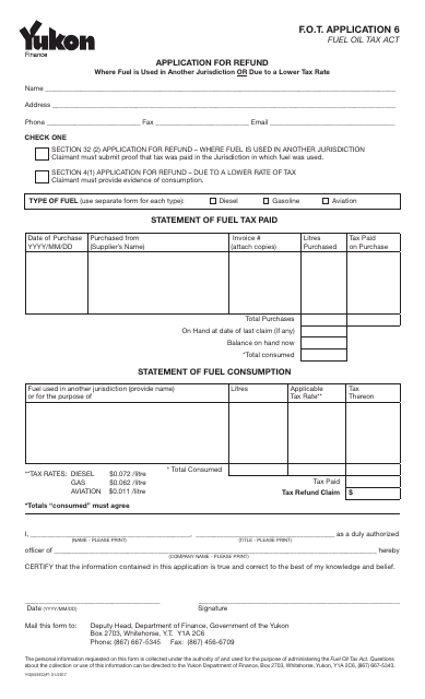 Form YG593 Application for Refund Form - Yukon, Canada