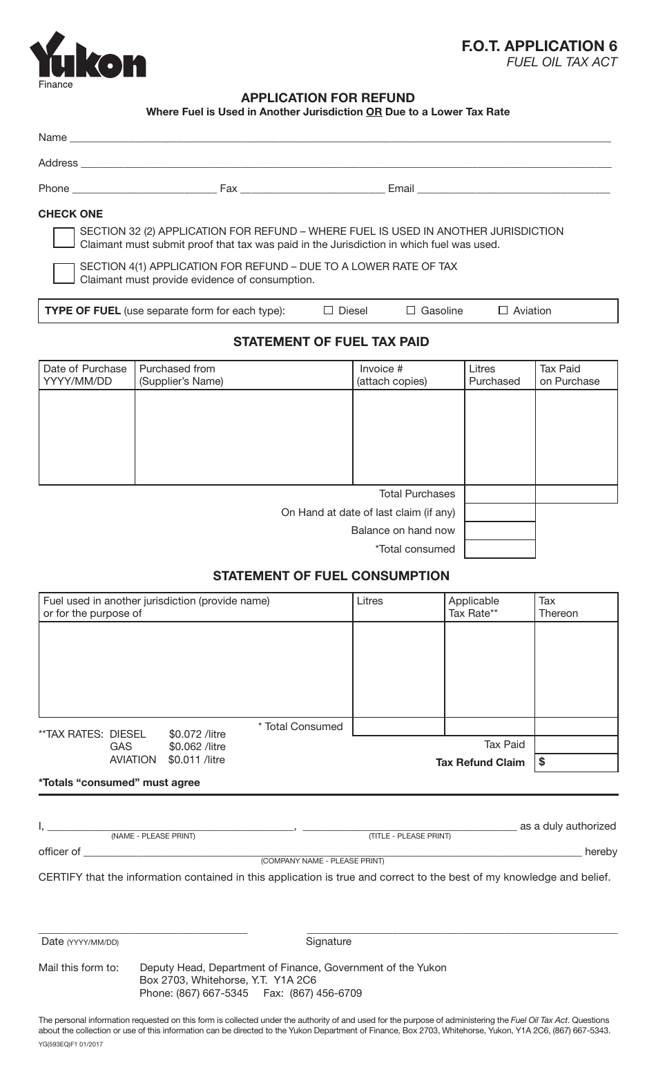 Form YG593 Application for Refund Form - Yukon, Canada, Page 1