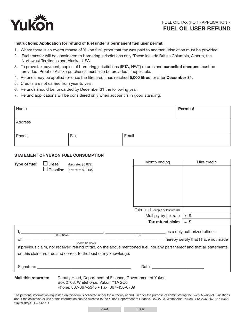 Form YG1787 Fuel Oil User Refund - Application 7 - Yukon, Canada, Page 1
