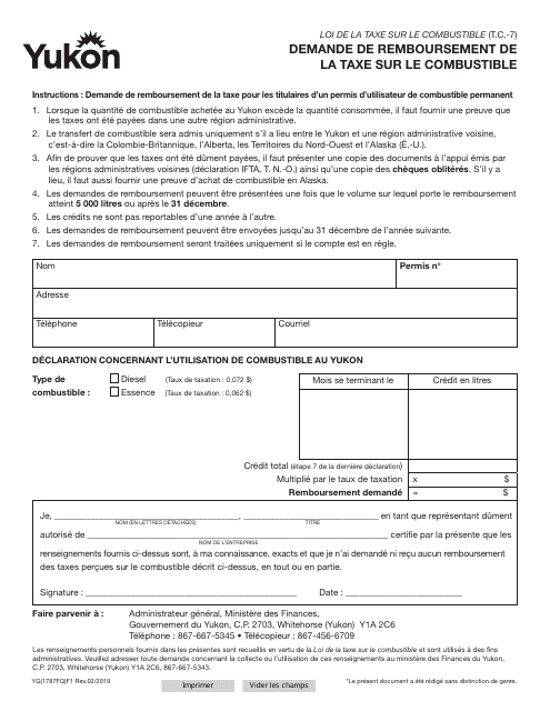 Forme YG1787 Demande De Remboursement De La Taxe Sur Le Combustible - Yukon, Canada (French)